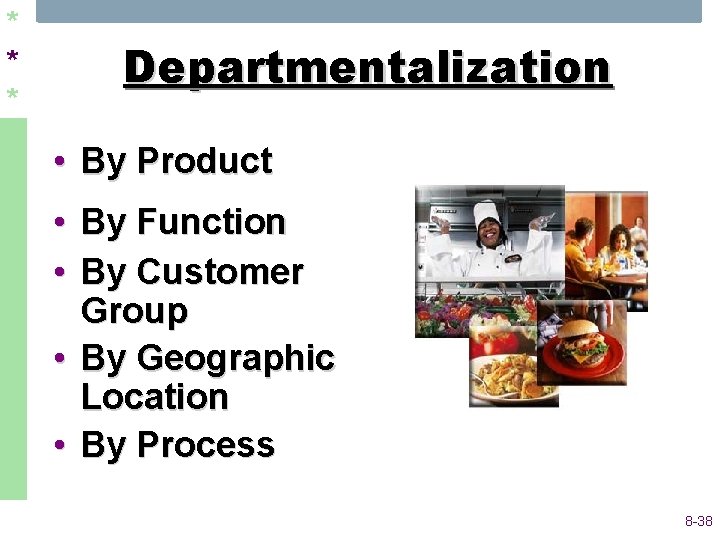 * * * Departmentalization • By Product • By Function • By Customer Group * * * Departmentalization • By Product • By Function • By Customer Group