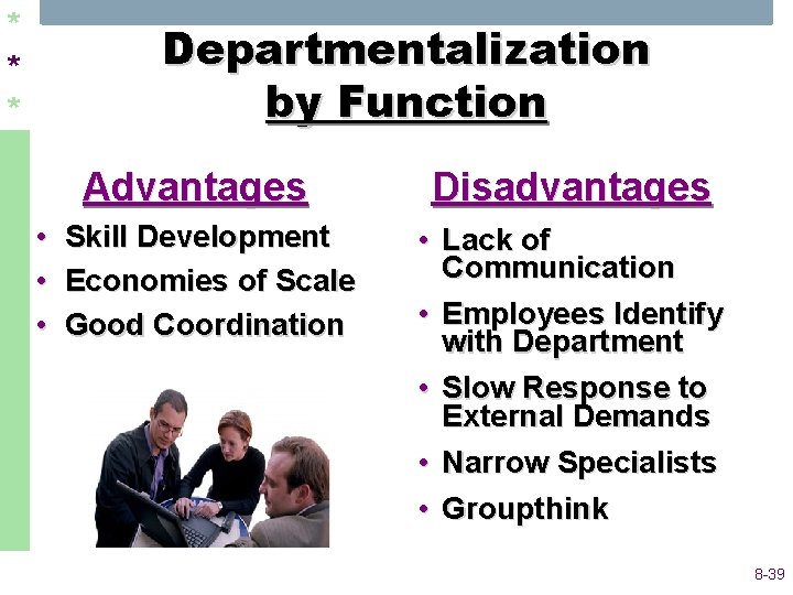 * * * Departmentalization by Function Advantages • • • Skill Development Economies of * * * Departmentalization by Function Advantages • • • Skill Development Economies of