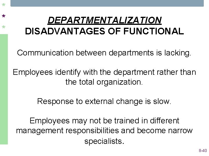 * * * DEPARTMENTALIZATION DISADVANTAGES OF FUNCTIONAL Communication between departments is lacking. Employees identify * * * DEPARTMENTALIZATION DISADVANTAGES OF FUNCTIONAL Communication between departments is lacking. Employees identify
