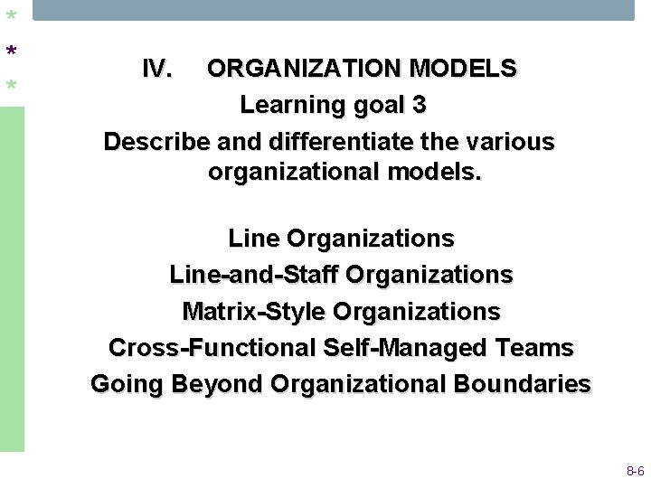 * * * IV. ORGANIZATION MODELS Learning goal 3 Describe and differentiate the various * * * IV. ORGANIZATION MODELS Learning goal 3 Describe and differentiate the various
