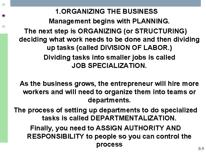 * * * 1. ORGANIZING THE BUSINESS Management begins with PLANNING. The next step * * * 1. ORGANIZING THE BUSINESS Management begins with PLANNING. The next step