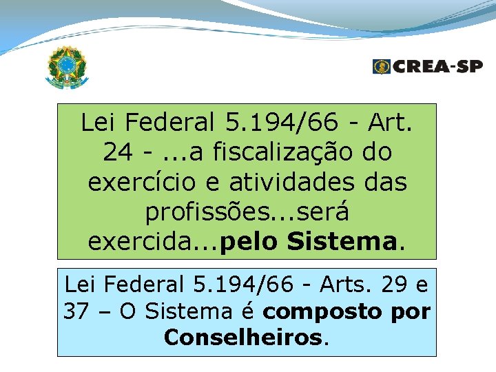 Lei Federal 5. 194/66 - Art. 24 -. . . a fiscalização do exercício