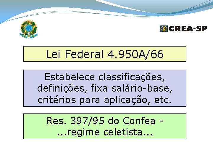 Lei Federal 4. 950 A/66 Estabelece classificações, definições, fixa salário-base, critérios para aplicação, etc.