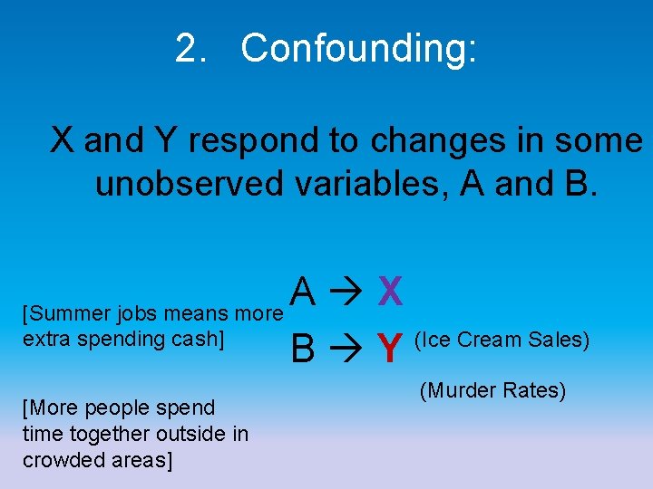 2. Confounding: X and Y respond to changes in some unobserved variables, A and