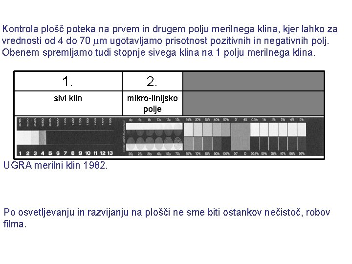 Kontrola plošč poteka na prvem in drugem polju merilnega klina, kjer lahko za vrednosti