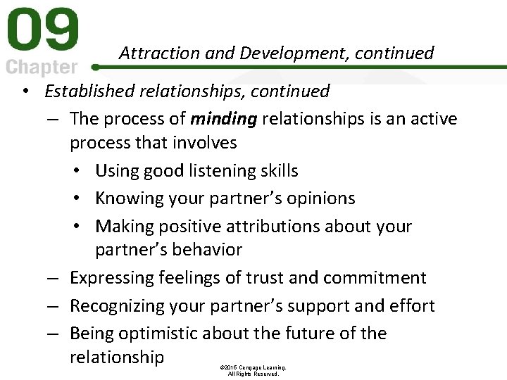 Attraction and Development, continued • Established relationships, continued – The process of minding relationships