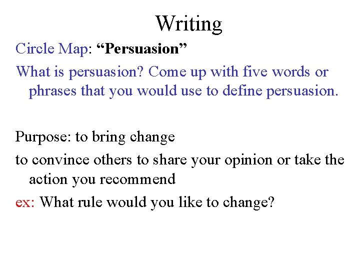 Writing Circle Map: “Persuasion” What is persuasion? Come up with five words or phrases