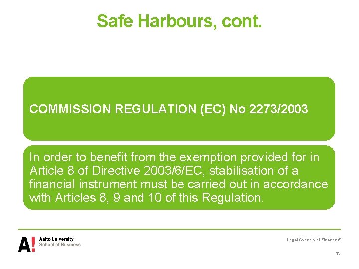 Safe Harbours, cont. COMMISSION REGULATION (EC) No 2273/2003 In order to benefit from the