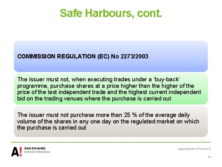 Safe Harbours, cont. COMMISSION REGULATION (EC) No 2273/2003 The issuer must not, when executing