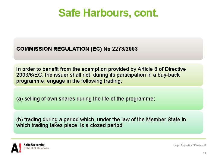 Safe Harbours, cont. COMMISSION REGULATION (EC) No 2273/2003 In order to benefit from the