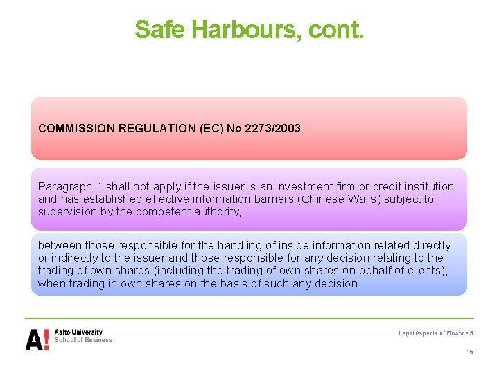 Safe Harbours, cont. COMMISSION REGULATION (EC) No 2273/2003 Paragraph 1 shall not apply if
