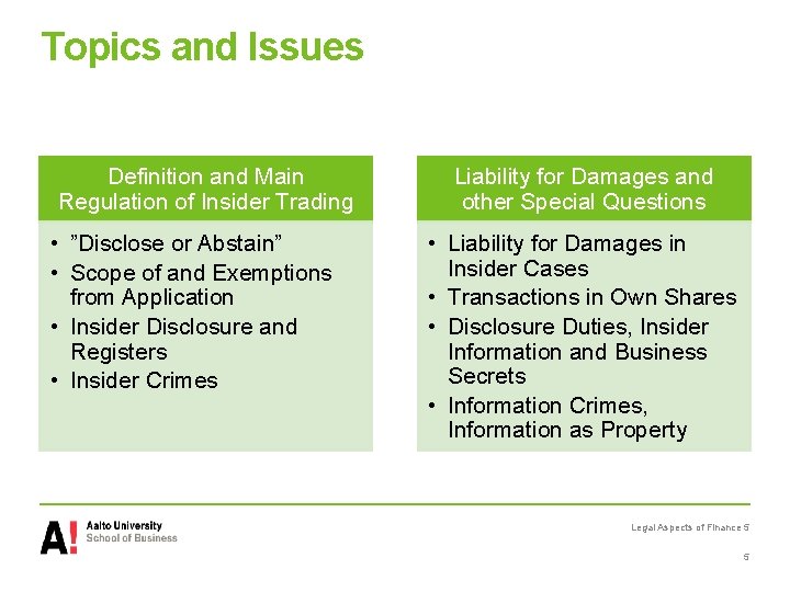 Topics and Issues Definition and Main Regulation of Insider Trading • ”Disclose or Abstain”
