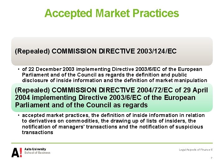 Accepted Market Practices (Repealed) COMMISSION DIRECTIVE 2003/124/EC • of 22 December 2003 implementing Directive