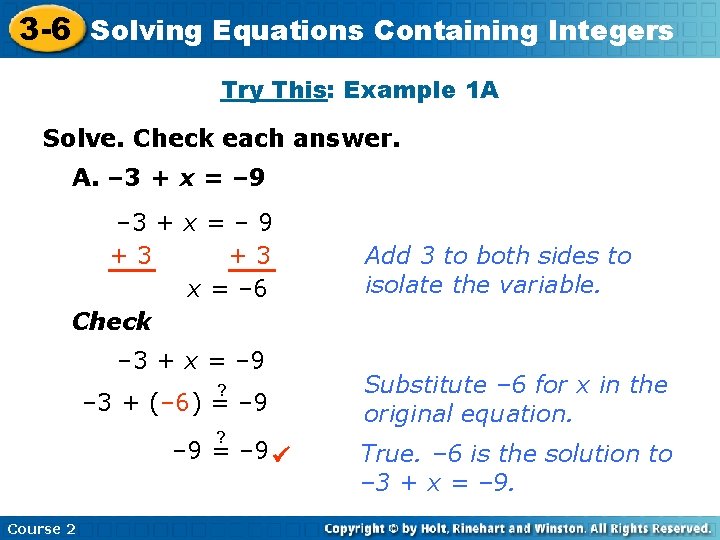 Equations Containing 3 -6 Solving Insert Lesson Title Here Integers Try This: Example 1