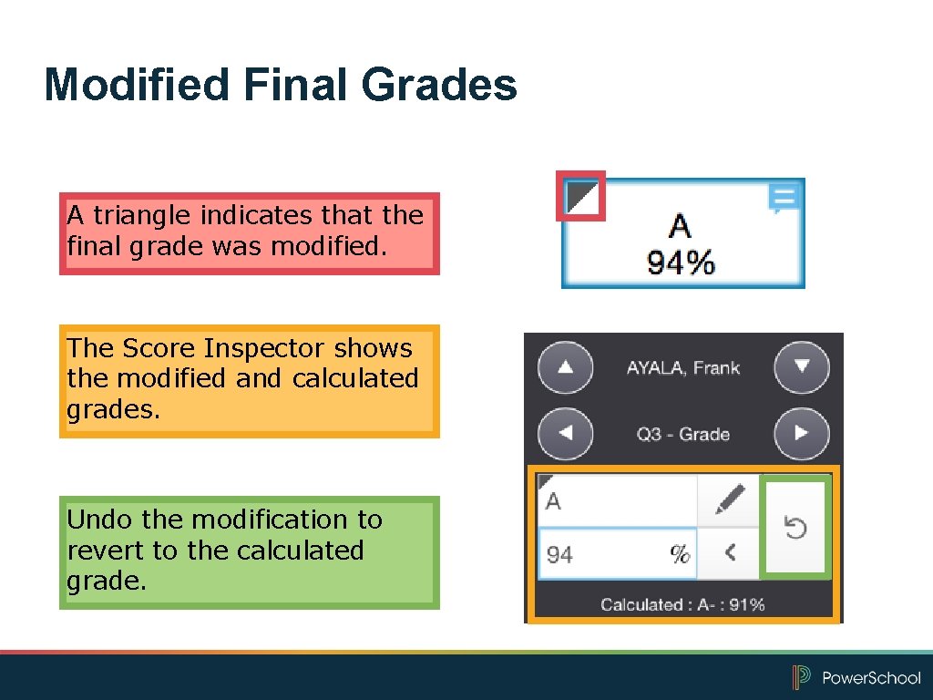 Modified Final Grades A triangle indicates that the final grade was modified. The Score