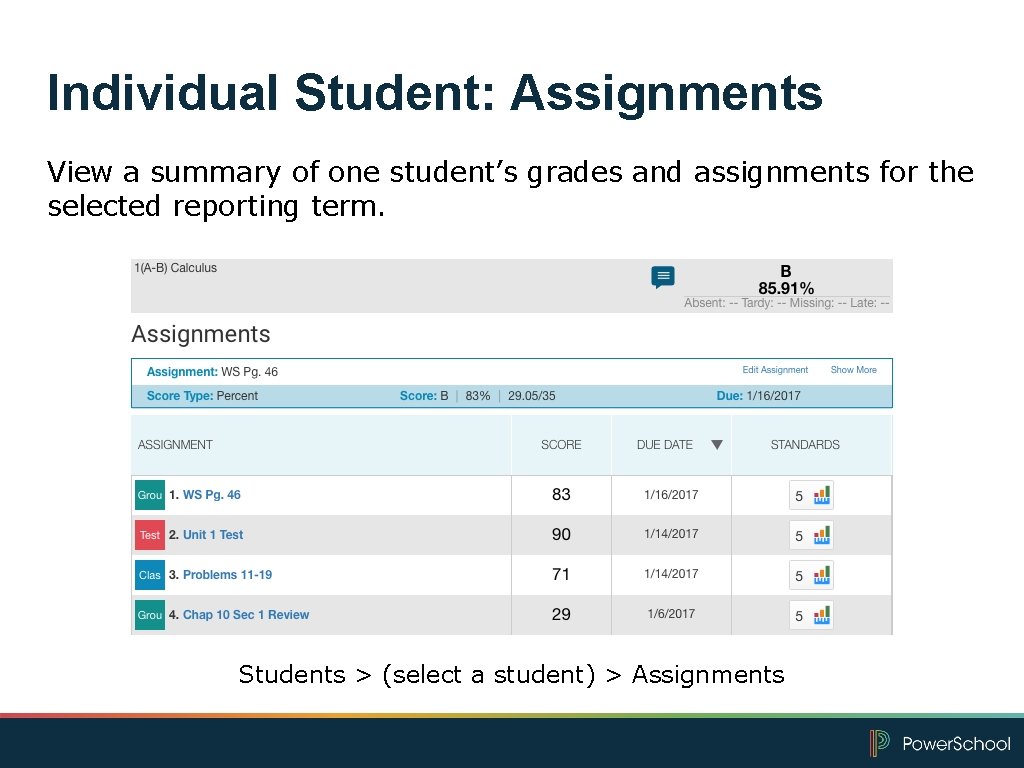 Individual Student: Assignments View a summary of one student’s grades and assignments for the