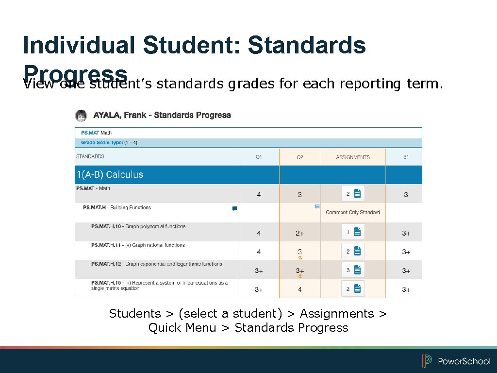 Individual Student: Standards Progress View one student’s standards grades for each reporting term. Students