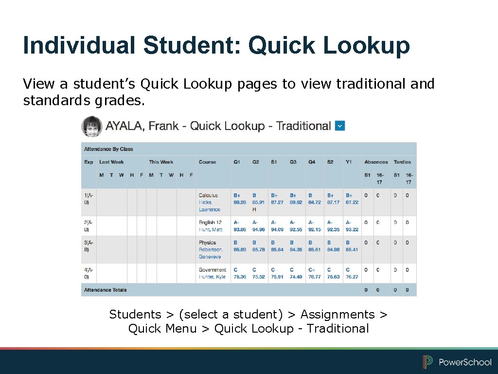 Individual Student: Quick Lookup View a student’s Quick Lookup pages to view traditional and