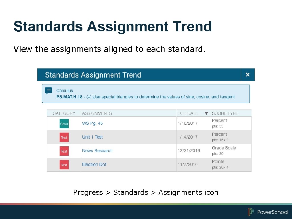 Standards Assignment Trend View the assignments aligned to each standard. Progress > Standards >