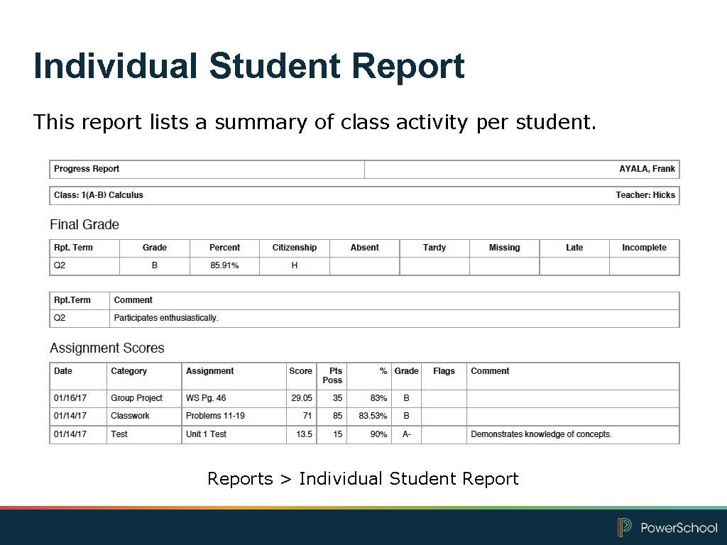 Individual Student Report This report lists a summary of class activity per student. Reports