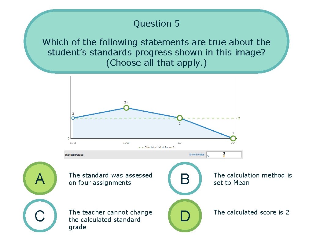 Question 5 Which of the following statements are true about the student’s standards progress