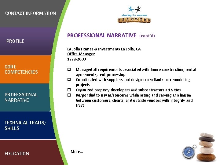 CONTACT INFORMATION PROFILE PROFESSIONAL NARRATIVE (cont’d) La Jolla Homes & Investments La Jolla, CA