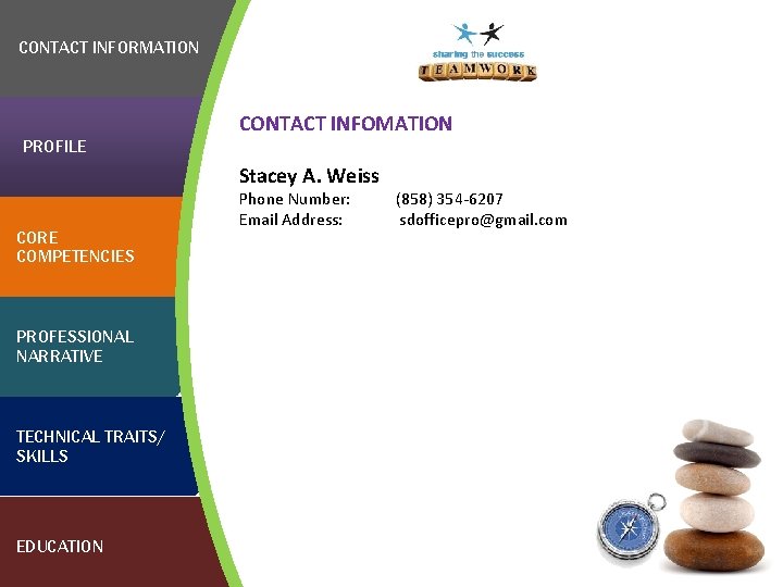 CONTACT INFORMATION CONTACT INFOMATION PROFILE Stacey A. Weiss CORE COMPETENCIES PROFESSIONAL NARRATIVE TECHNICAL TRAITS/