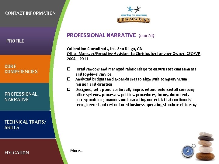 CONTACT INFORMATION PROFILE PROFESSIONAL NARRATIVE (cont’d) Calibration Consultants, Inc. San Diego, CA Office Manager/Executive