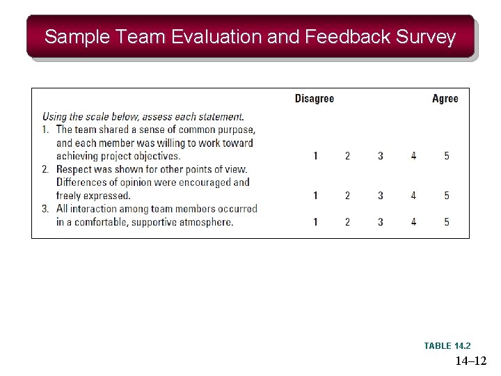 Sample Team Evaluation and Feedback Survey TABLE 14. 2 14– 12 