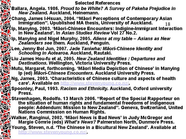 Selected References Ballara, Angela. 1986. Proud to be White? A Survey of Pakeha Prejudice Selected References Ballara, Angela. 1986. Proud to be White? A Survey of Pakeha Prejudice