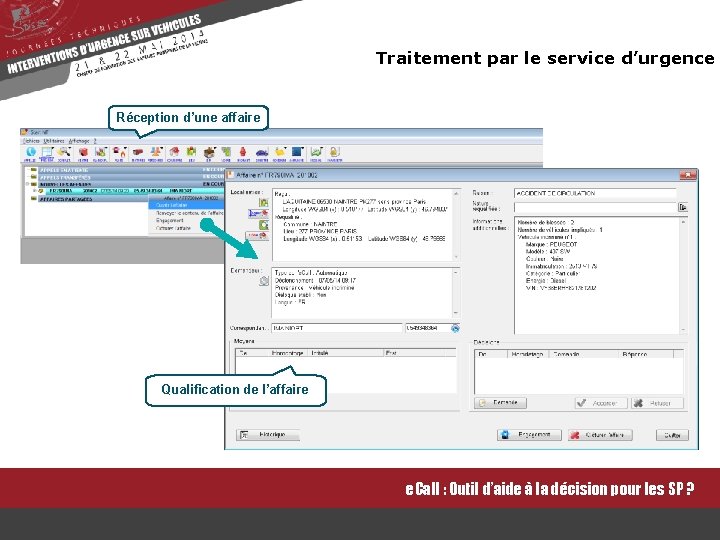 Traitement par le service d’urgence Réception d’une affaire Qualification de l’affaire e. Call :