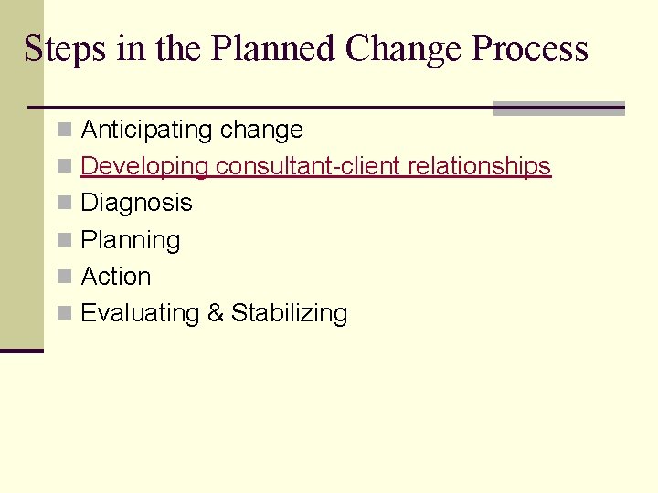 Steps in the Planned Change Process n Anticipating change n Developing consultant-client relationships n