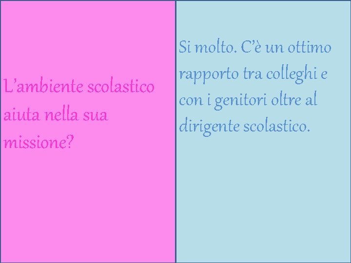 L’ambiente scolastico aiuta nella sua missione? Si molto. C’è un ottimo rapporto tra colleghi