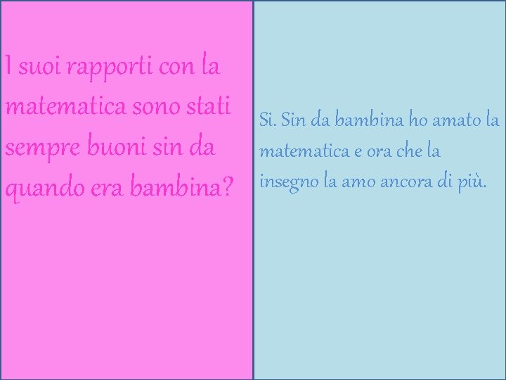 I suoi rapporti con la matematica sono stati sempre buoni sin da quando era I suoi rapporti con la matematica sono stati sempre buoni sin da quando era