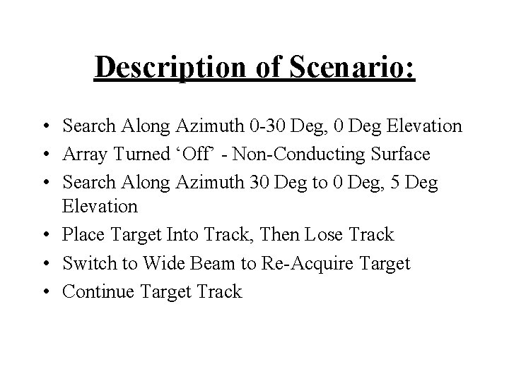 Description of Scenario: • Search Along Azimuth 0 -30 Deg, 0 Deg Elevation •