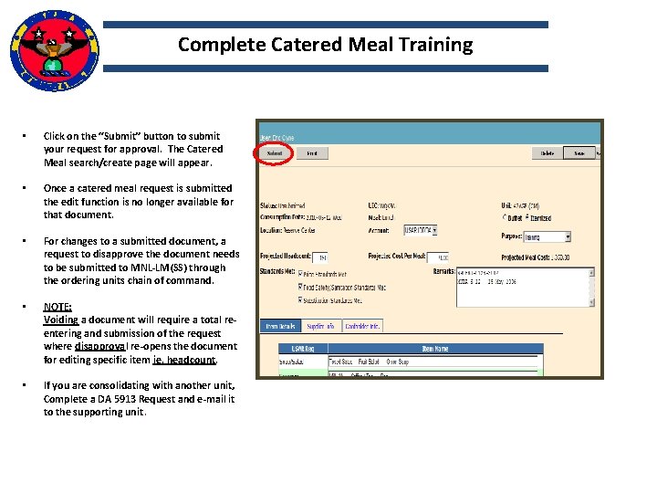 Complete Catered Meal Training • Click on the “Submit” button to submit your request