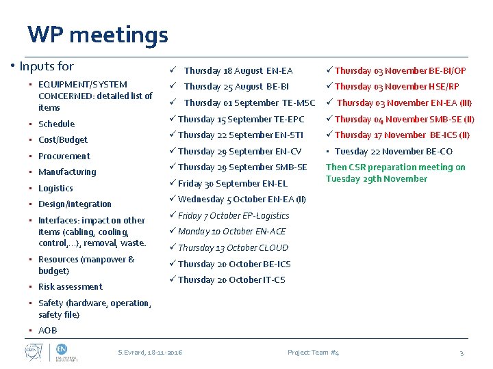 WP meetings • Inputs for • EQUIPMENT/SYSTEM CONCERNED: detailed list of items • Schedule