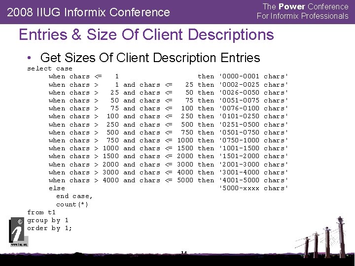 The Power Conference For Informix Professionals 2008 IIUG Informix Conference Entries & Size Of