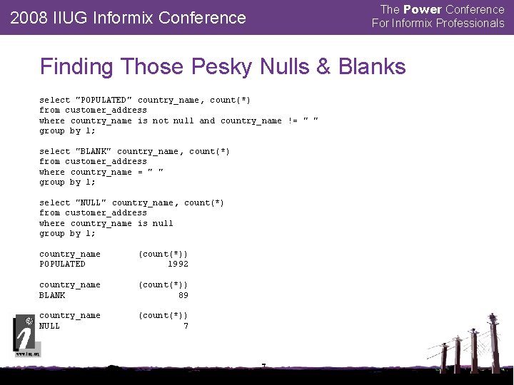 The Power Conference For Informix Professionals 2008 IIUG Informix Conference Finding Those Pesky Nulls