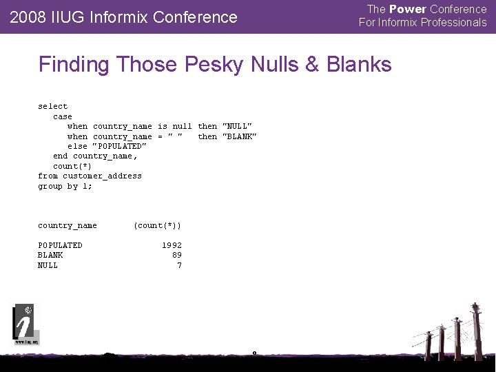 The Power Conference For Informix Professionals 2008 IIUG Informix Conference Finding Those Pesky Nulls