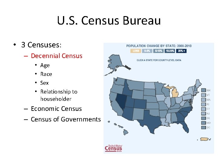 U. S. Census Bureau • 3 Censuses: – Decennial Census • • Age Race
