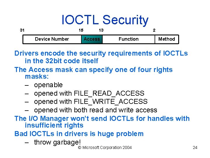 IOCTL Security 31 15 Device Number 13 Access 2 Function Method Drivers encode the