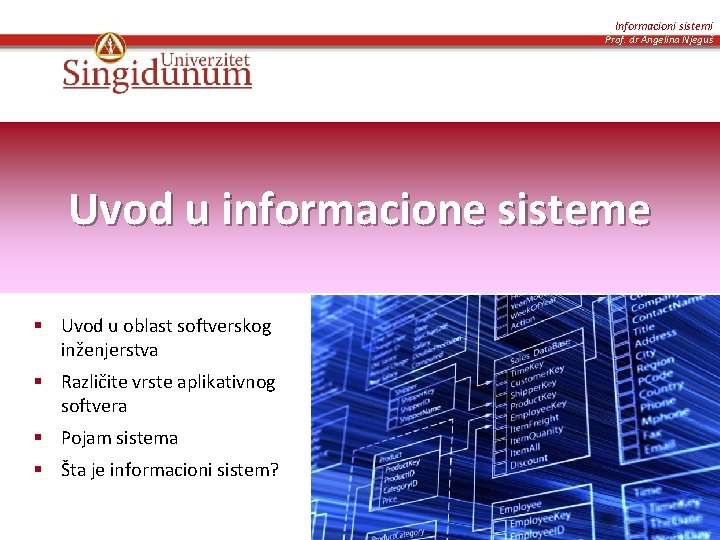 Informacioni sistemi Prof. dr Angelina Njeguš Uvod u informacione sisteme § Uvod u oblast