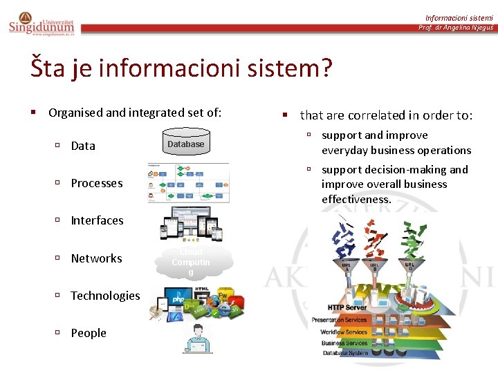 Informacioni sistemi Prof. dr Angelina Njeguš Šta je informacioni sistem? § Organised and integrated