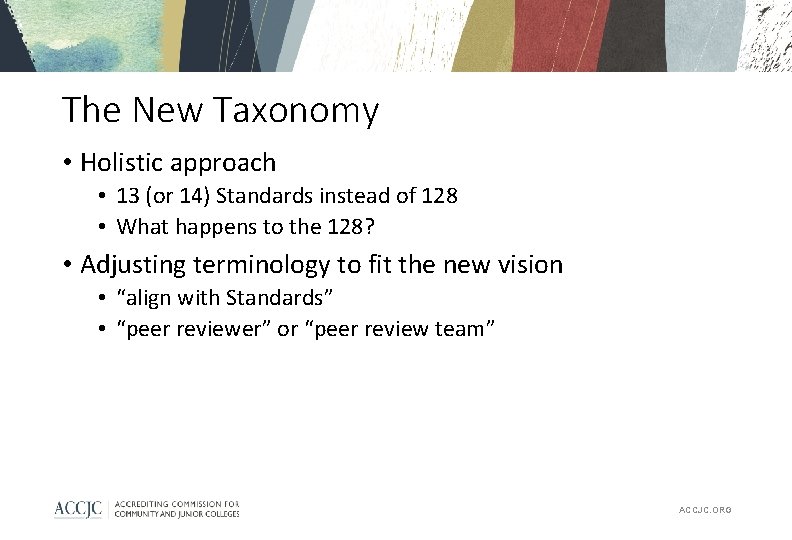 The New Taxonomy • Holistic approach • 13 (or 14) Standards instead of 128
