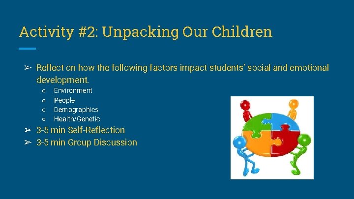 Activity #2: Unpacking Our Children ➢ Reflect on how the following factors impact students’