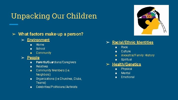 Unpacking Our Children ➢ What factors make-up a person? ➢ Environment ■ ■ ■