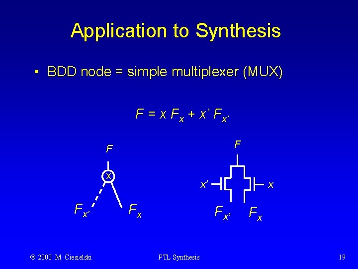 Application to Synthesis • BDD node = simple multiplexer (MUX) F = x Fx