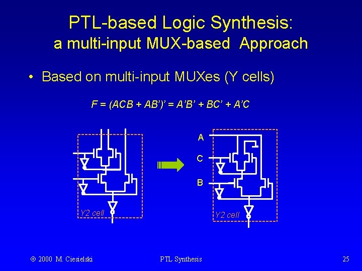 PTL-based Logic Synthesis: a multi-input MUX-based Approach • Based on multi-input MUXes (Y cells)