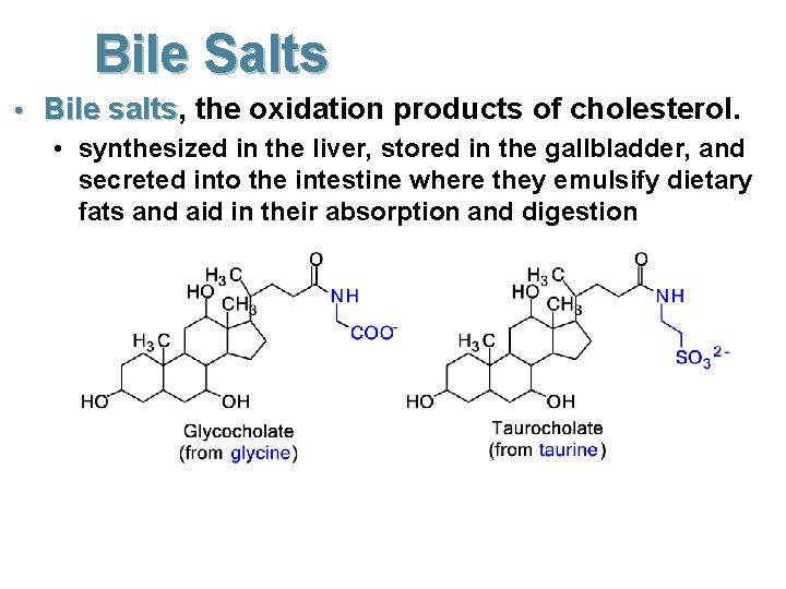 Bile Salts • Bile salts, salts the oxidation products of cholesterol. • synthesized in